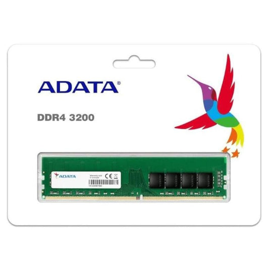 ADATA DDR4 3200 memory stick on a white background with Adata logo and colorful hummingbird graphic.
