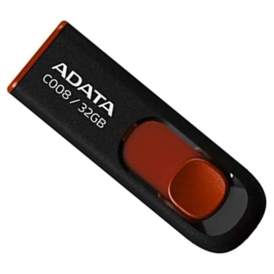 ADATA C008 32GB USB flash drive with black and red design on a white background