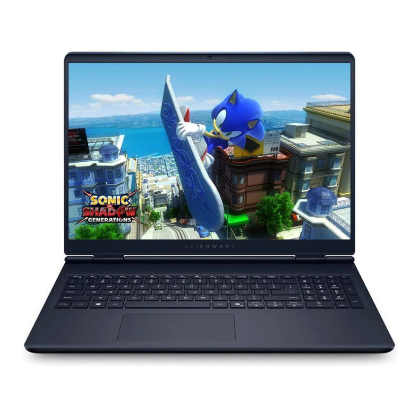 Front view of the Alienware 16 Aurora 16 inch Gaming Laptop with a Sonic Shadow Generations image of Sonic the Hedgehog