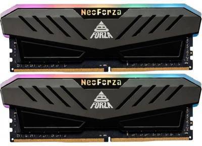 Two NeoForza RAM modules with RGB lighting on a black background