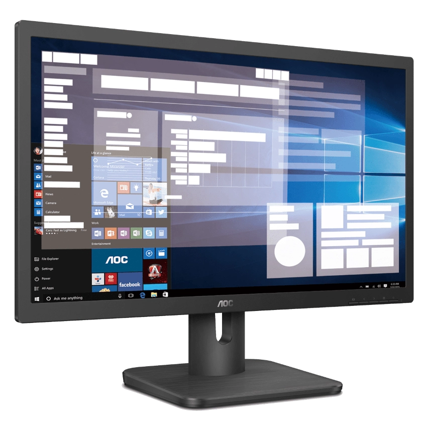 Slight left angled front view of the AOC 20E1H 19.5" HD+ Computer monitor displaying a desktop interface with AOC branding on a white background