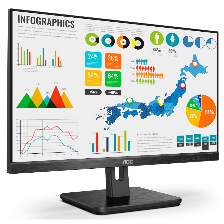 Slight angled left front view of the AOC 22E2HM 21.5" Full HD black monitor with infographics displayed on it