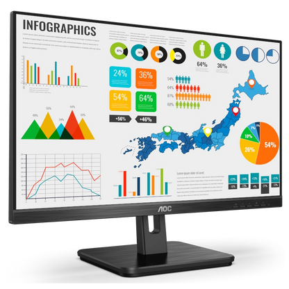 Slight angled left front view of the AOC 22E2HM 21.5" Full HD black monitor with infographics displayed on it
