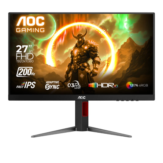 Front view of the AOC 27G4H 27 inch IPS gaming monitor with a warrior graphic on the screen and specification details. 