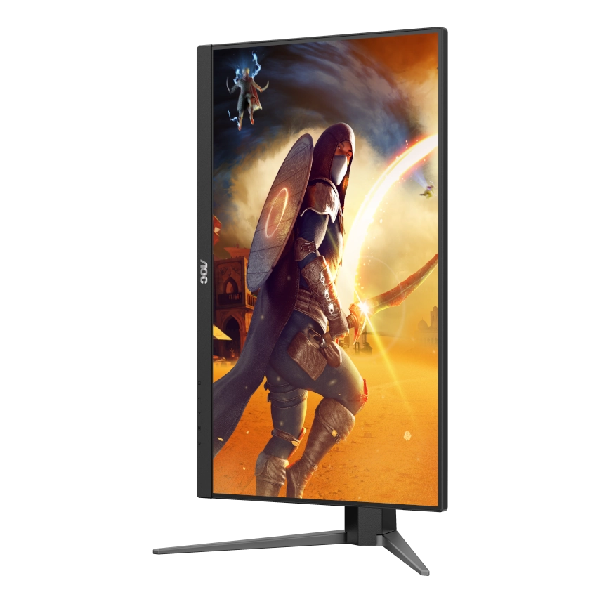Slight right angled view of the AOC 27G4H 27 inch gaming monitor in portrait mode 