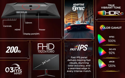 Monitor specifications with features like Adaptive Sync, True Vibrant Tone, HDR, and Fast IPS.