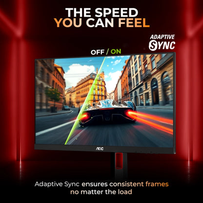 Gaming monitor with a car racing game on screen, featuring Adaptive Sync technology.