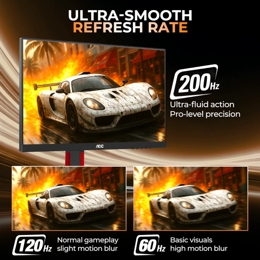 Monitor displaying a racing game with text about ultra-smooth refresh rate and AOC branding.