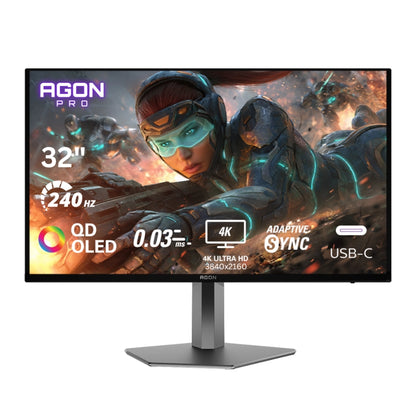 AOC AGON AG326UZD 32 inch OLED 4K UHD 240Hz 0.03ms Refresh rate Gaming monitor with AGON Pro branding and gaming graphics on the screen.