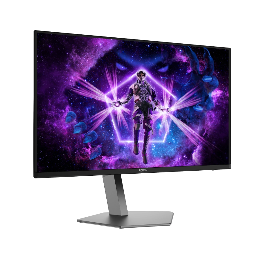 Slight right angled view of the AOC AGON AG326UZD 32 inch OLED 4K UHD 240Hz 0.03ms Refresh rate Gaming monitor with a futuristic character and purple energy effect on the screen