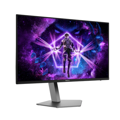 Slight right angled view of the AOC AGON AG326UZD 32 inch OLED 4K UHD 240Hz 0.03ms Refresh rate Gaming monitor with a futuristic character and purple energy effect on the screen