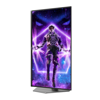 Portrait mode view of the  AOC AGON AG326UZD 32 inch OLED 4K UHD 240Hz 0.03ms Refresh rate Gaming monitor displaying a character in futuristic armor with a purple and blue cosmic background.