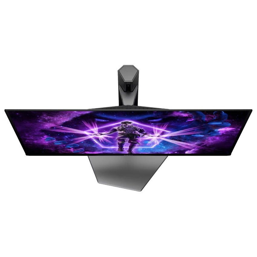 Top view of the  AOC AGON AG326UZD 32 inch OLED 4K UHD 240Hz 0.03ms Refresh rate Gaming monitor showing the stand with a futuristic design on a white background