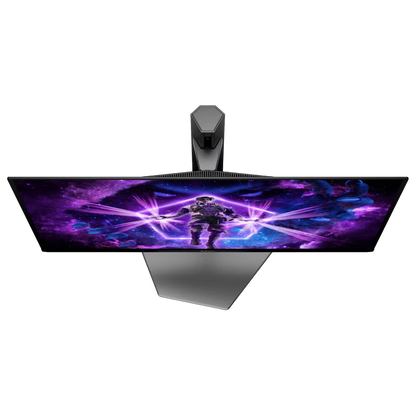 Top view of the  AOC AGON AG326UZD 32 inch OLED 4K UHD 240Hz 0.03ms Refresh rate Gaming monitor showing the stand with a futuristic design on a white background