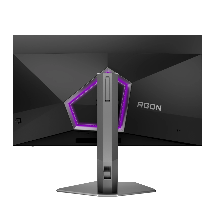 Rear view of the  AOC AGON AG326UZD 32 inch OLED 4K UHD 240Hz 0.03ms Refresh rate Gaming monitor showing the AGON branding, lighting feature and removable height adjustable stand