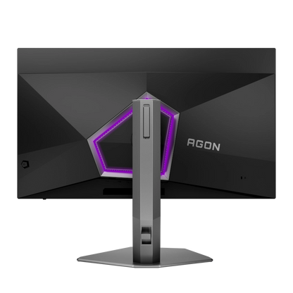 Rear view of the  AOC AGON AG326UZD 32 inch OLED 4K UHD 240Hz 0.03ms Refresh rate Gaming monitor showing the AGON branding, lighting feature and removable height adjustable stand