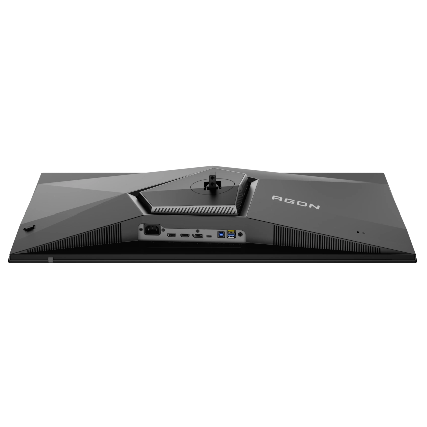 Bottom view of the  AOC AGON AG326UZD 32 inch OLED 4K UHD 240Hz 0.03ms Refresh rate Gaming monitor showing 2 hdmi, displayport, usb-c with 65W power delivery, 2 USB3.2, usb connection and power ports 
