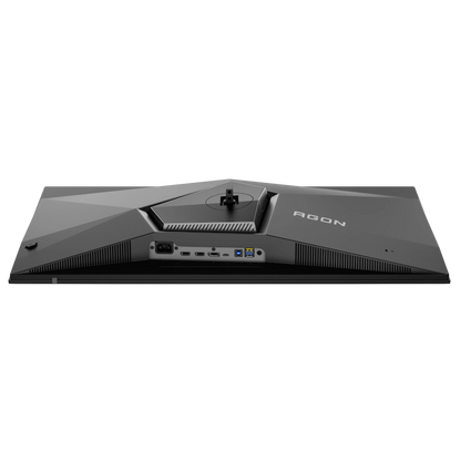 Bottom view of the  AOC AGON AG326UZD 32 inch OLED 4K UHD 240Hz 0.03ms Refresh rate Gaming monitor showing 2 hdmi, displayport, usb-c with 65W power delivery, 2 USB3.2, usb connection and power ports 