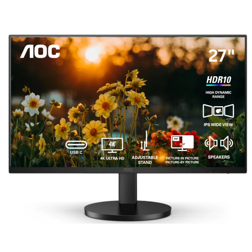 Front view of the AOC u27b3cf 27 inch 4k uhd ips monitor displaying a nature scene with product features listed on a white background