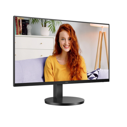 Slight angled view of the AOC u27b3cf 27 inch 4k uhd ips monitor displaying a person in a home environment