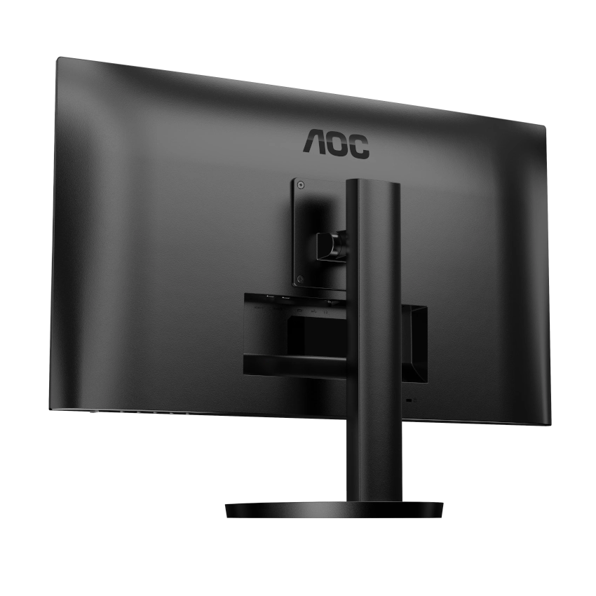 Slight back view of the AOC u27b3cf 27 inch 4k uhd ips monitor displaying the ergonomic stand
