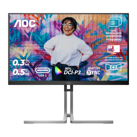 AOC U27U3XD Graphic Pro 27 inch IPS monitor with a colorful display featuring text and graphics on a white background