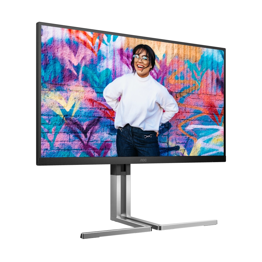 Slight angled view of the AOC U27U3XD Graphic Pro 27 inch IPS monitor with a bright colour graphic on the screen