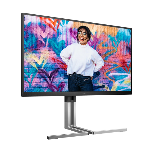 Slight angled view of the AOC U27U3XD Graphic Pro 27 inch IPS monitor with a bright colour graphic on the screen