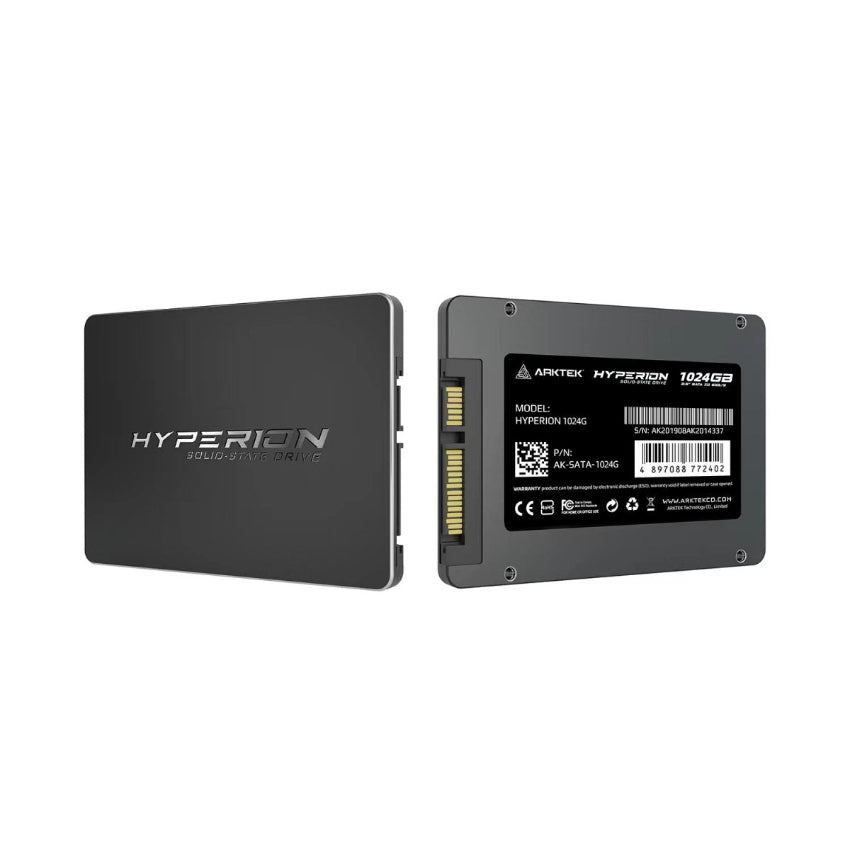 Two views of a Hyperion solid-state drive on a white background