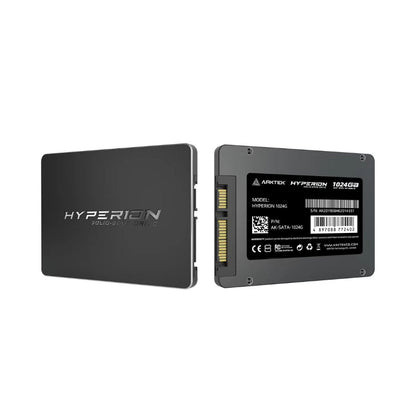 Two views of a Hyperion solid-state drive on a white background