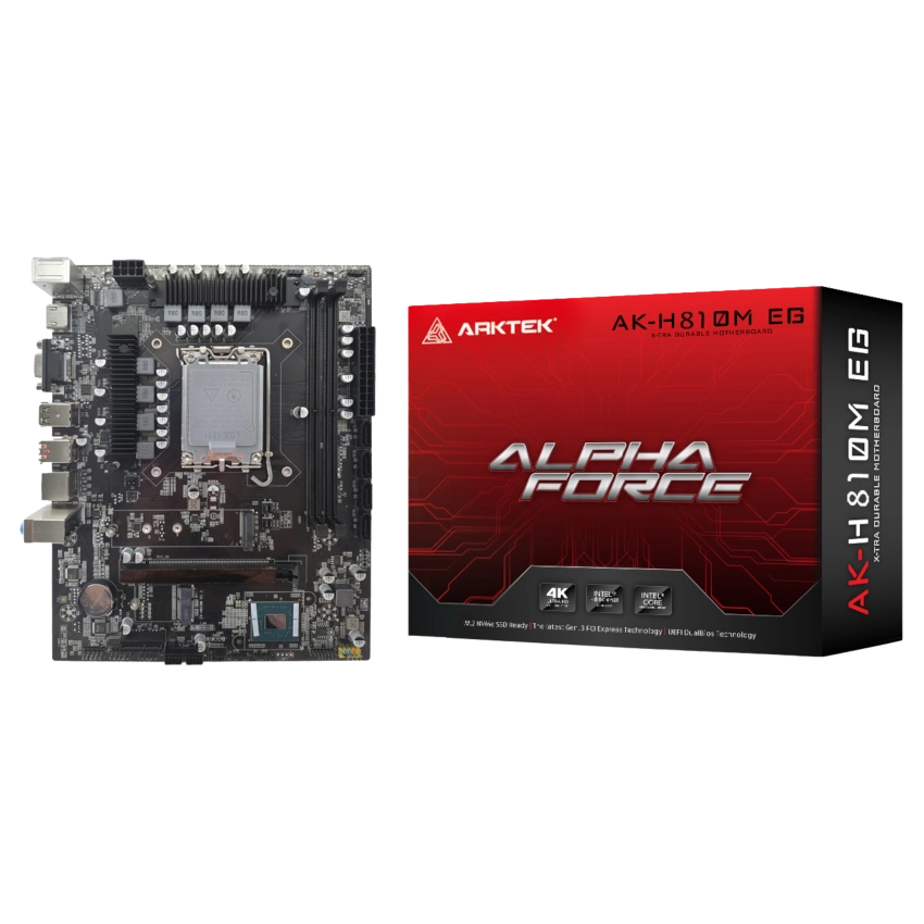 Arktek H810 Computer motherboard and its packaging with 'Alpha Force' branding on a white background