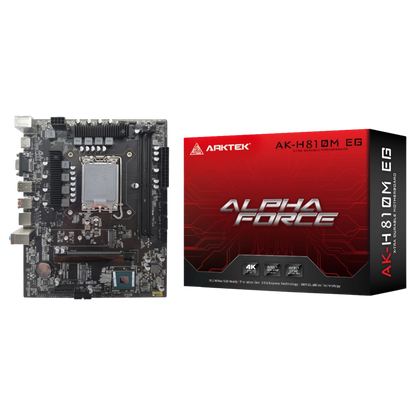 Arktek H810 Computer motherboard and its packaging with 'Alpha Force' branding on a white background