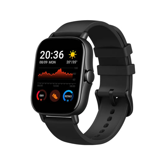 Black smartwatch with a display showing time and weather on a white background