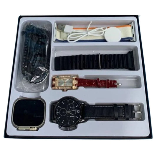 Watch set with various components in a box on a white background