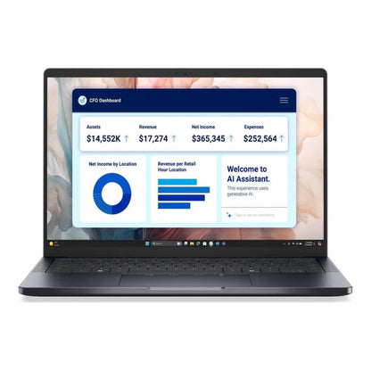Dell Pro 14 Premium Laptop displaying a CFO dashboard on a white background