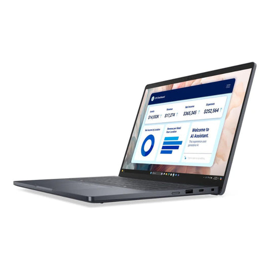 Slight right angled view of the Dell Pro 14 Premium Laptop with a financial application on the screen on a white background