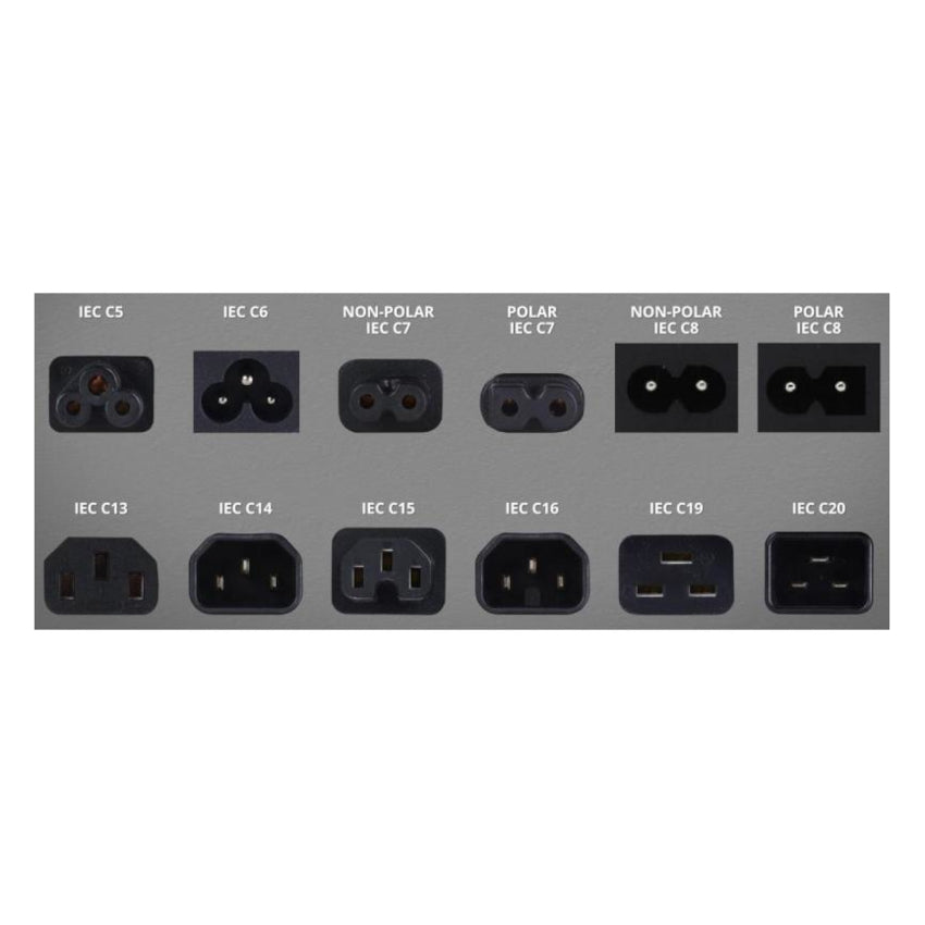 Collection of various electrical plug sockets on a gray background