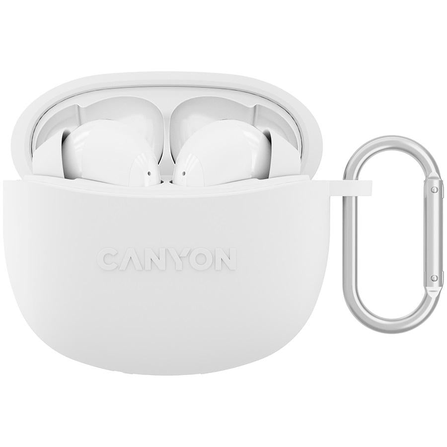 White Canyon TWS5 wireless earbuds in silicon cover case with a carabiner, featuring the brand 'CANYON'.