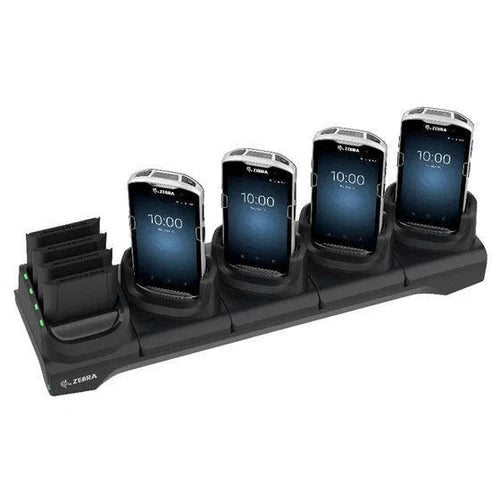 Zebra TC51/56 5-Slot Charge Only Cradle with 4-Slot Spare Battery Charger; charges up to 4 devices and up to 4 spare batteries.