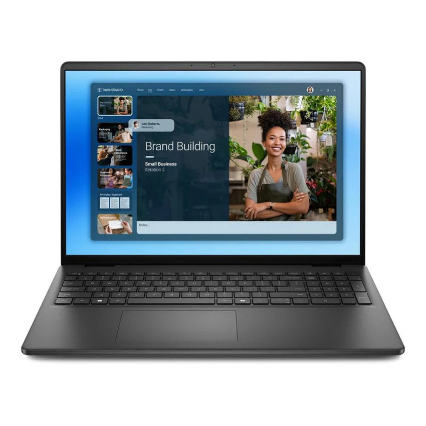 Dell 16 16" FHD+ Laptop displaying a screen with a woman in an apron and 'Brand Building' text on a white background