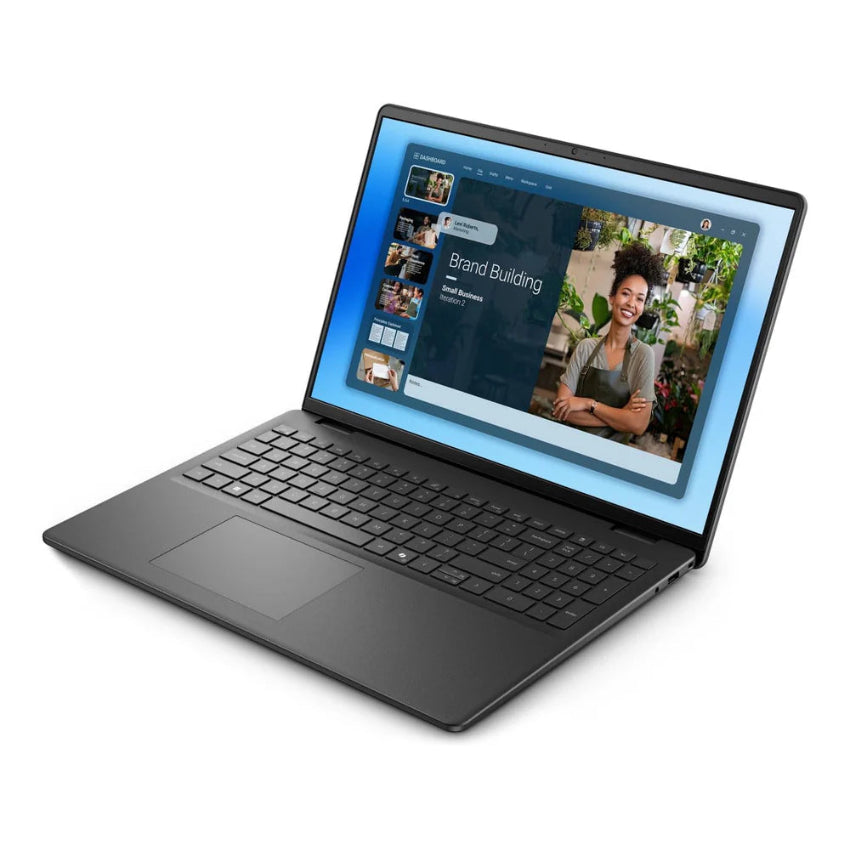 Right side angled view of the Dell 16 16" FHD+ Laptop with a screen displaying a brand building course on a white background