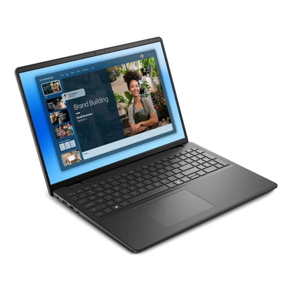 Left side angled view of the Dell 16 16" FHD+ Laptop with a screen displaying a brand building course on a white background