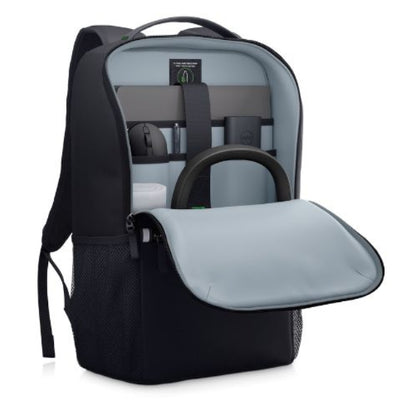 Open view of the Dell Ecoloop Essential CP3724 14 to 16 inch laptop backpack showing the internal compartments and accessories