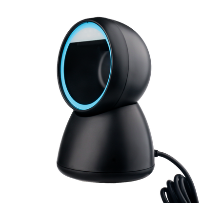 Angled right side view of the DP8283S Black desktop mounted 2D Barcode Scanner on a white background