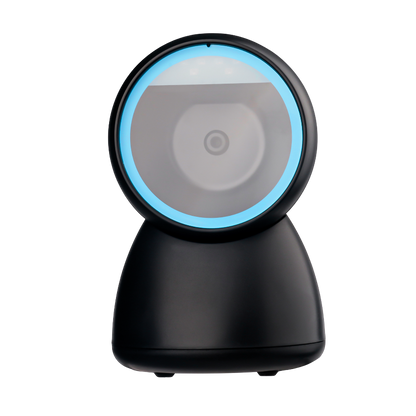 Black desktop 2D Scanner with blue light on a white background