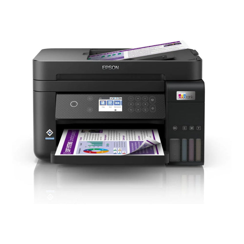 Epson printer with papers on a white background