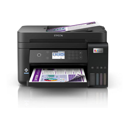 Epson printer with papers on a white background