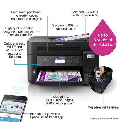 Epson printer with features highlighted on a white background