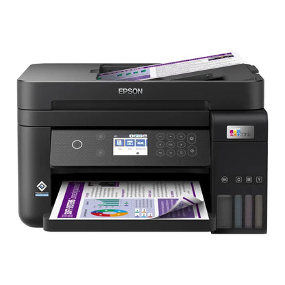Front view of the Black Epson Ecotank Business L6370 3-in-1 Multifunction printer with documents on a white background