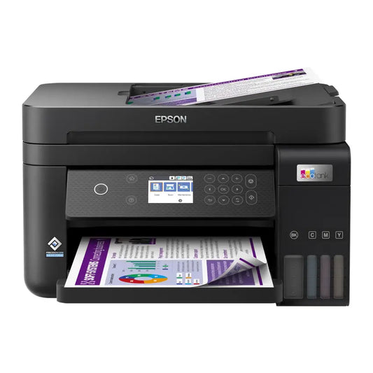 Front view of the Black Epson Ecotank Business L6370 3-in-1 Multifunction printer with documents on a white background